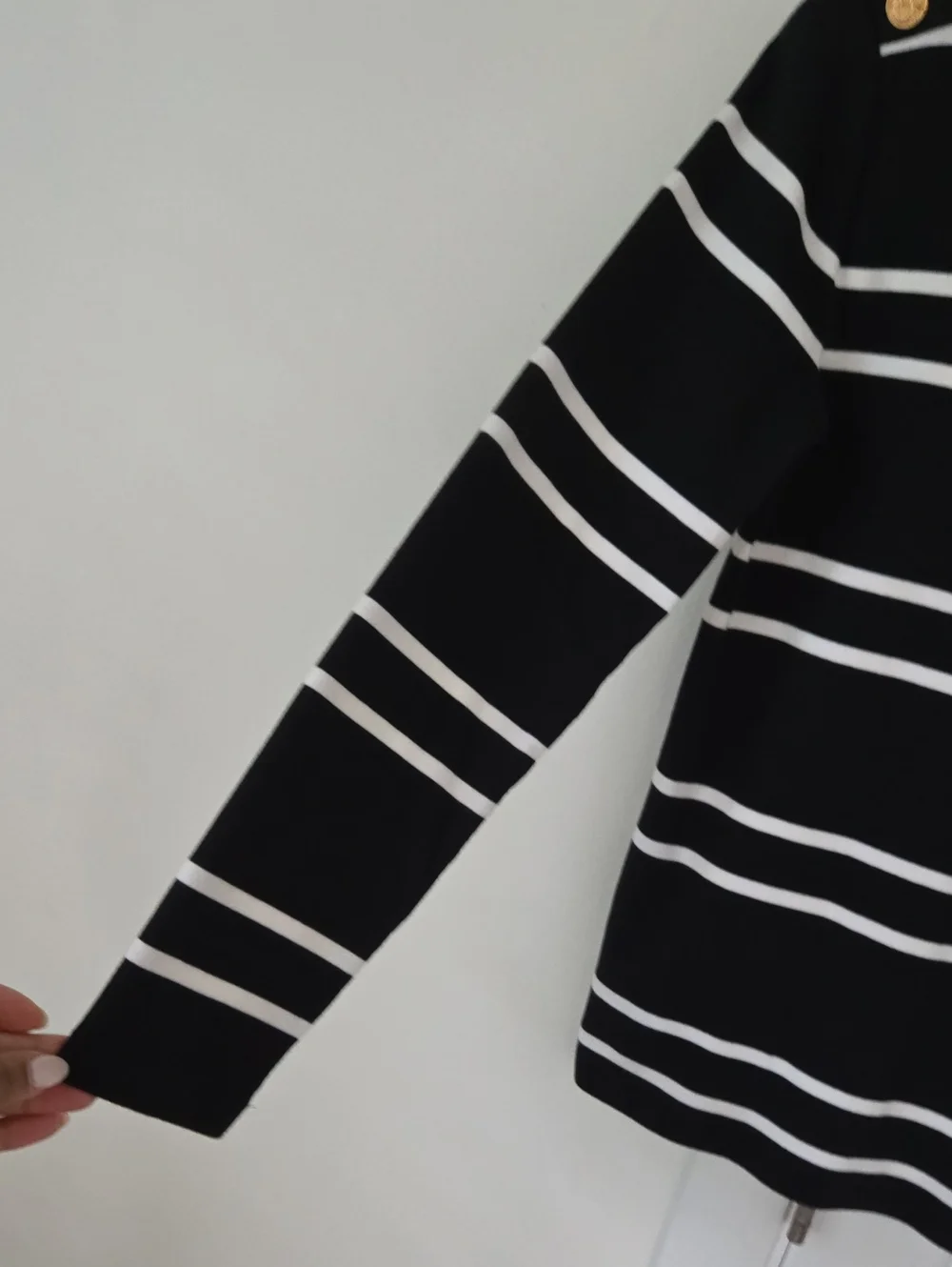 J. Crew Black and White Striped Long-Sleeve Top with Gold Shoulder Buttons